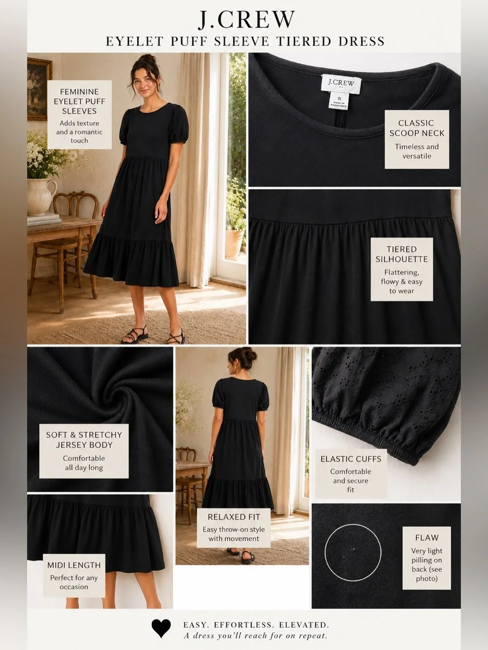 J.Crew black eyelet puff sleeve tiered midi dress small